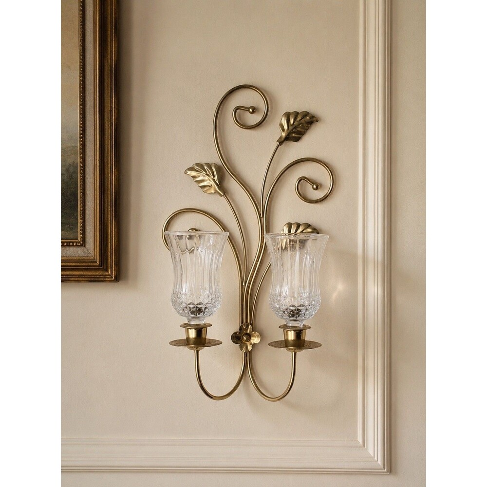Vintage Shiny Brass Wall Sconce Floral Candle Holder & Votive Cups